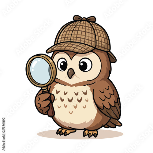 A cute cartoon owl wearing a detective hat and holding a magnifying glass, looking curious.