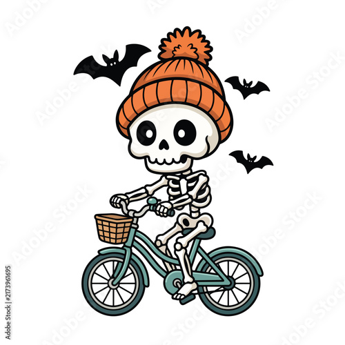 A cute cartoon skeleton wearing an orange beanie rides a bicycle with a basket, surrounded by bats.