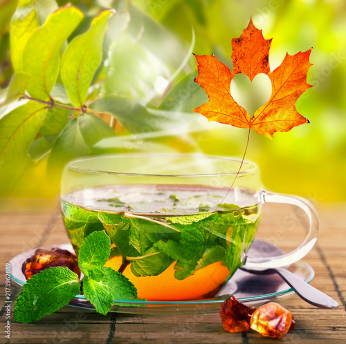 freshly Brewed Mint Tea with Rock Sugar and Autumn Leaf