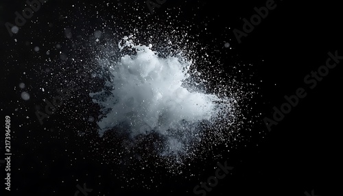 Frosty Snow Dust Explosion on Black Background with Dynamic Winter Particles