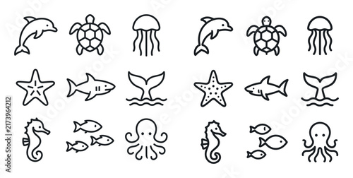 Marine icons with dolphin turtle jellyfish outline