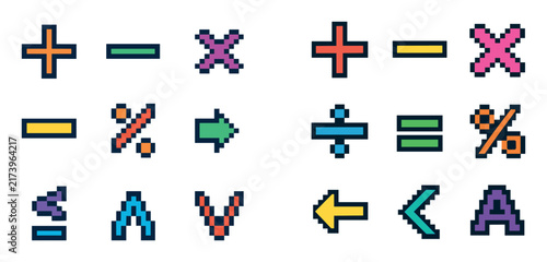 Math icons with plus minus multiply pixel