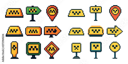 Taxi icons with sign pin arrow pixel