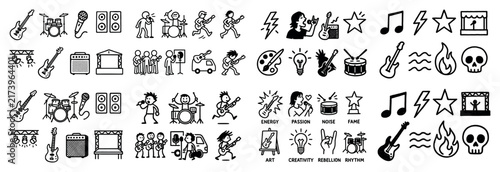 Music icons with guitar drum microphone outline