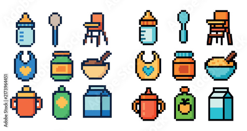 Baby care icons with bottle spoon highchair pixel art