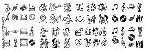 Music icons with saxophone piano microphone outline