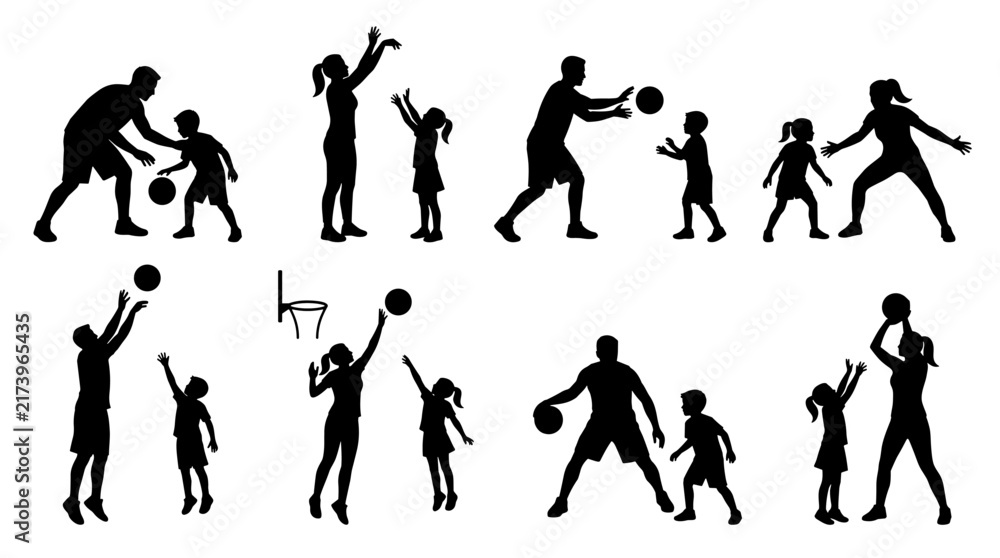 Obraz premium Set of silhouettes of parents coaching children playing basketball, sports training activity, family bonding, healthy lifestyle, active leisure