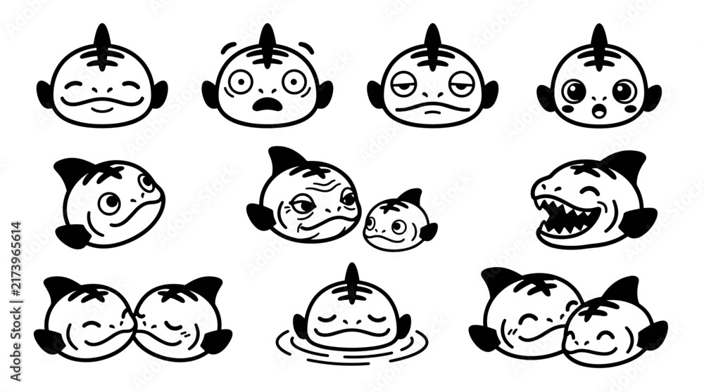 Fototapeta premium Set of fish face expressions with various emotions, black and white vector icons, line art style for UI design, mood, reaction and feeling