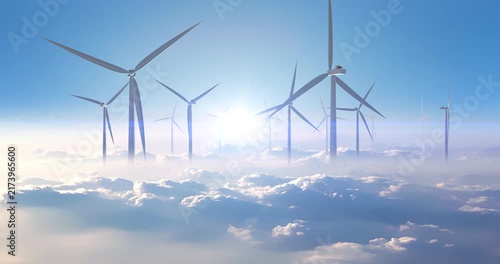 Clean renewable wind energy concept with turbines floating above cloud level. Sustainable clean energy related 3d animation.