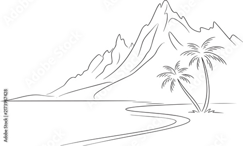A simple black and white line art drawing of a tropical island with palm trees and mountains