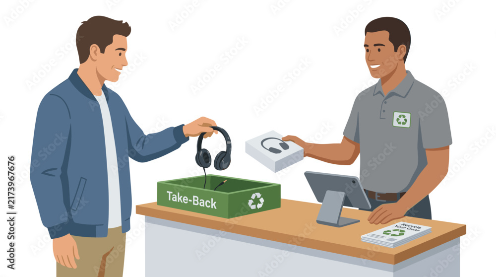 Fototapeta premium Flat vector illustration of a customer returning electronic waste at a retail take-back recycling station with staff assistance