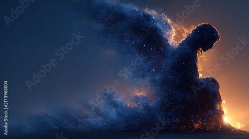Against a dark, cool blue background, a winged angel composed of clouds and stars sits in a kneeling posture, with a warm orange light source on the right outlining its silhouette