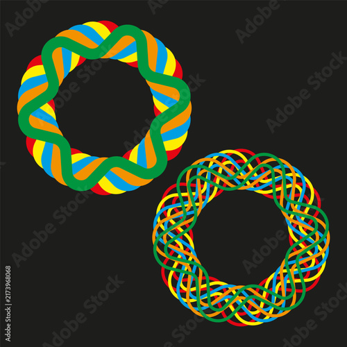 Circle knot ring vector set features colorful twist shape. It represents creative geometric torus.