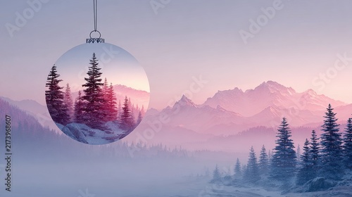 The transparent, suspended Christmas ball encloses a snow-covered pine forest landscape, while outside the ball are distant, misty mountains and hazy snow-covered forests in a pink and purple gradient