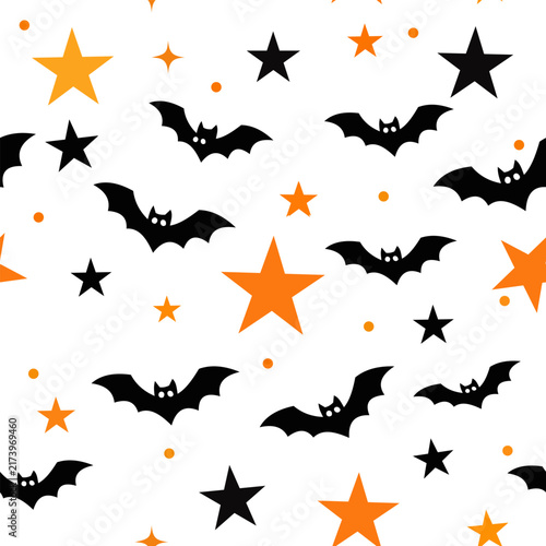 Halloween seamless pattern with flying bats and orange stars