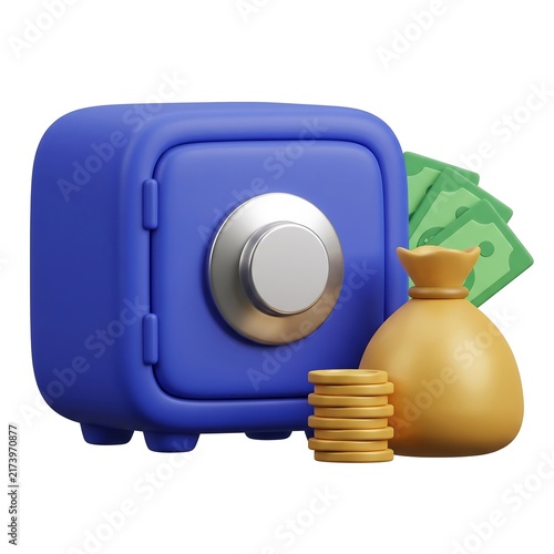 3D Blue security safe box with money bag gold coins and green cash banknotes white background banknotes