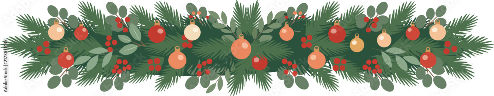 Fototapeta premium Christmas Garland with Holly and Baubles 