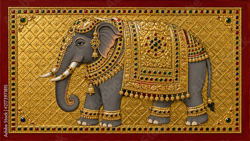 Tanjore Thanjavur painting style South India royal elephant panel gold foil relief caparison coloured glass stone inlay no figures museum quality