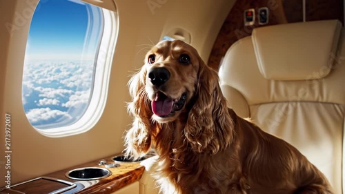 Happy dog in a private jet looking out the window at clouds