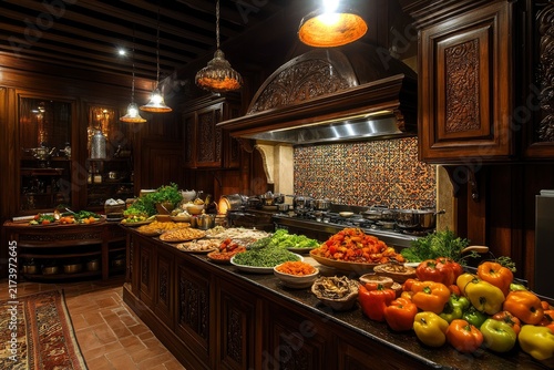 A modern hotel restaurant with a wide selection of delicacies served buffet-style
