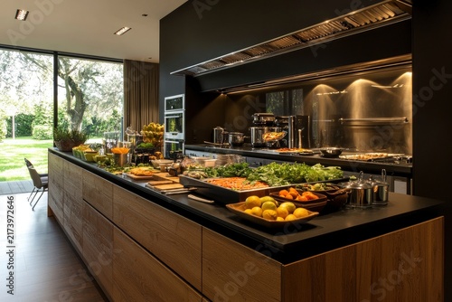 An elegant restaurant buffet featuring a variety of delicacies and fresh ingredients