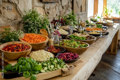 A luxurious country-style breakfast buffet with fresh vegetables in the hotel restaurant