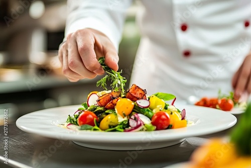 A professional chef garnishes a fresh, gourmet salad on a plate in a restaurant kitchen