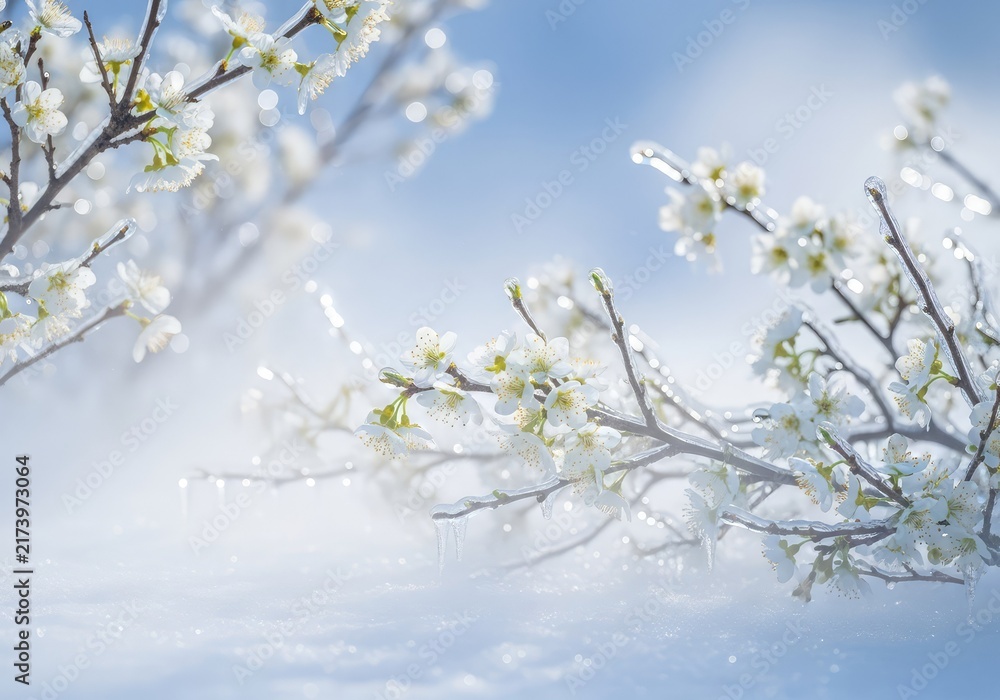 Obraz premium A serene winter landscape featuring delicate white flowers blooming amidst icy branches and a soft mist, creating a magical ethereal scene, beauty, glowing, bokeh