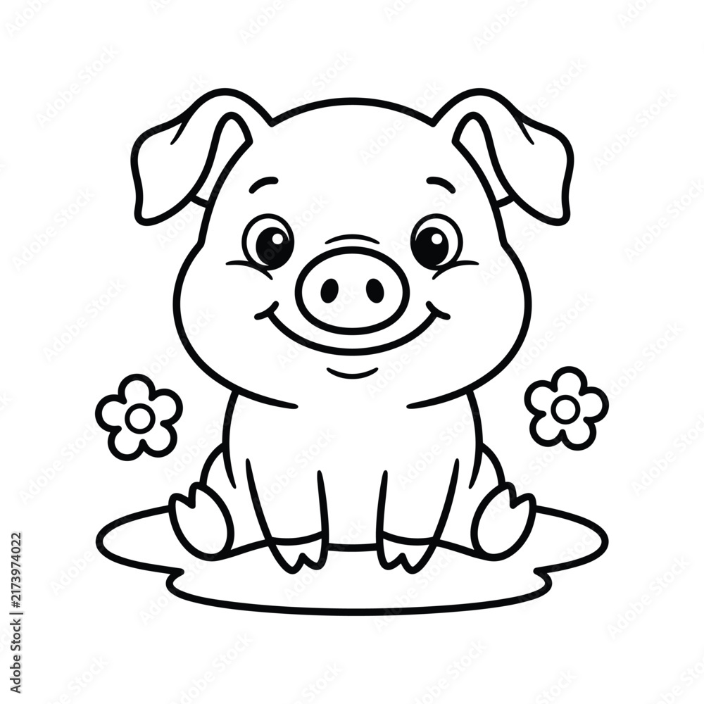 Fototapeta premium Cute baby pig sitting in mud with flowers for kids coloring page vector.