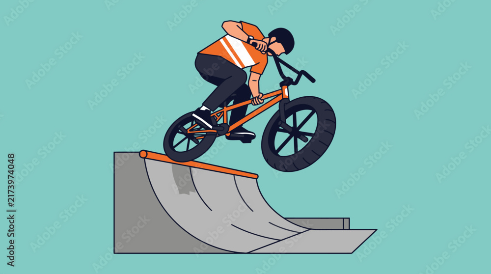 Naklejka premium Young man performing a BMX trick on a ramp, dynamic illustration