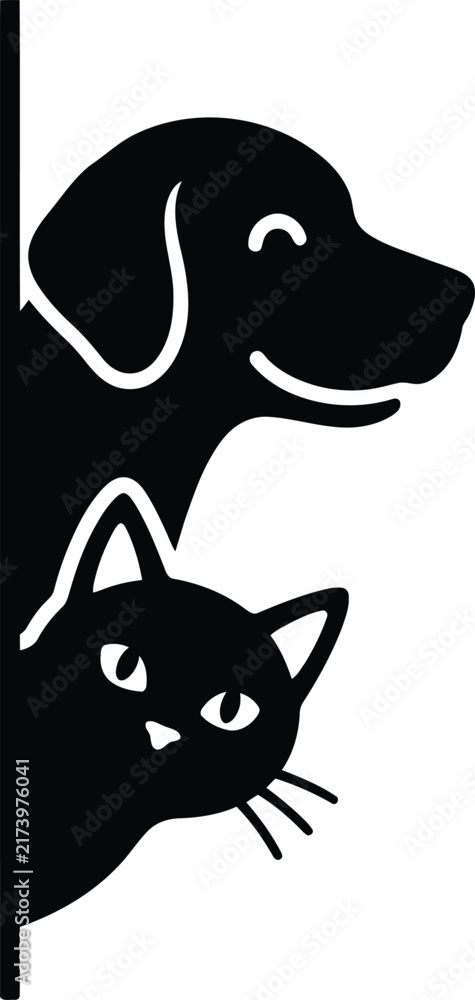 Fototapeta premium Cute black dog and cat silhouette peeking from behind a wall corner as a simple graphic icon illustration