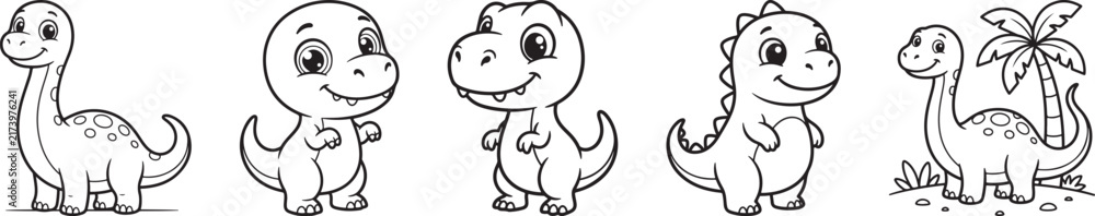 Obraz premium Whimsical Line-Drawn Cartoon Dinosaurs in Playful Poses with Tropical Palm Tree Accent Sketch Style Illustration