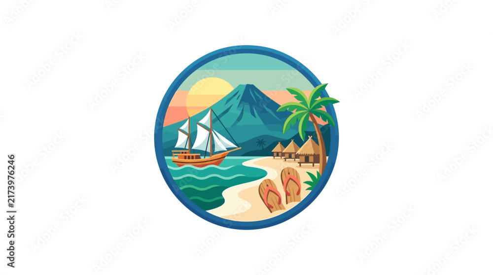 Fototapeta premium Tropical beach resort with volcano and palm trees badge.
