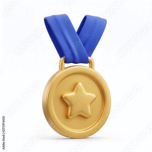 3D Gold medal with star symbol and blue ribbon isolated on white background winner award achievement prize