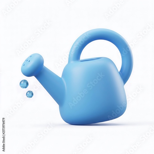 3D Cute blue watering can with water drops isolated on white background gardening tool plant care cute icon