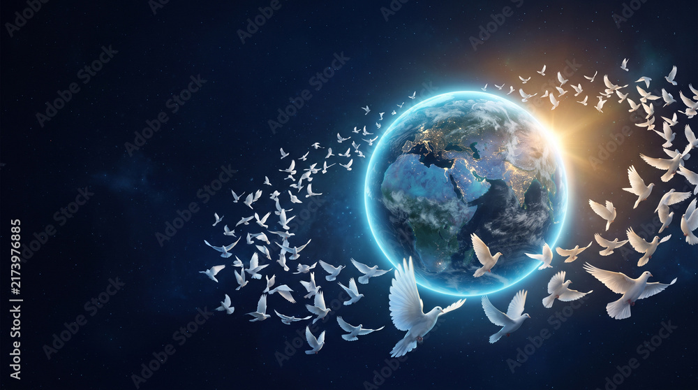 Obraz premium Glowing earth globe with white doves flying symbolizing peace and freedom