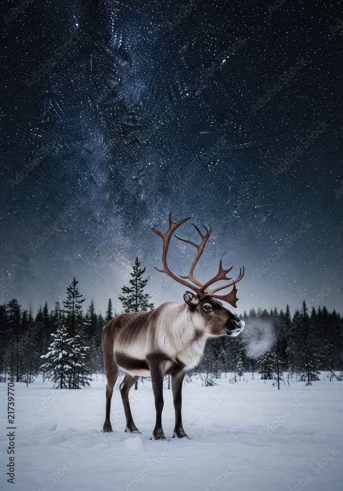 Fototapeta premium Majestic reindeer standing in a snowy landscape during a clear night. The dark sky is filled with bright stars over the winter forest scene, arctic, beautiful, starry