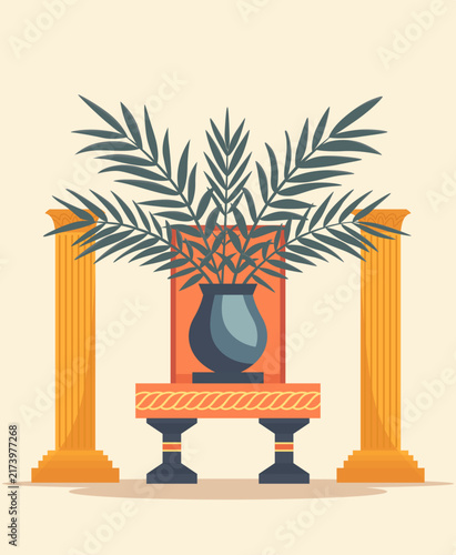 plants  in a vase on the table,  the aesthetics  of Ancient Egypt, columns of Egyptian temples  , Ancient Egypt 