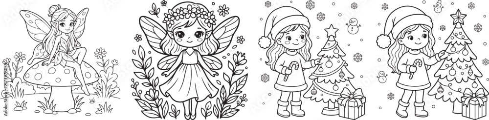 Fototapeta premium Whimsical Line-Drawn Fantasy Characters Transitioning from Enchanted Forest Fairies to Festive Holiday Girls with Christmas Trees and Gifts