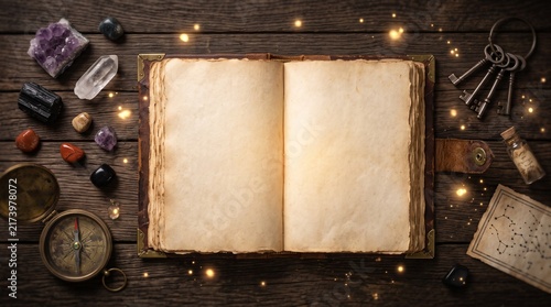 Open ancient spell book or grimoire with crystals, vintage keys, and glowing lights on a wooden table for Halloween flat lay