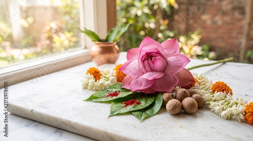 Fresh pink lotus flower with marigold garland, betel leaves, and ritual offerings on a marble slab for Durga Puja and Navratri