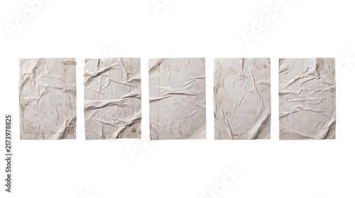 Row of five old torn wrinkled paper posters with distressed textures, isolated on a transparent background for design.
