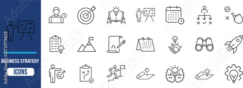 Business strategy planning vector set. target icon set, rocket icon set, brain icon set