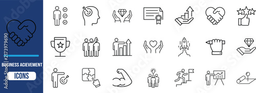 Business success and achievement icons. handshake icon set, trophy icon set, rocket icon set