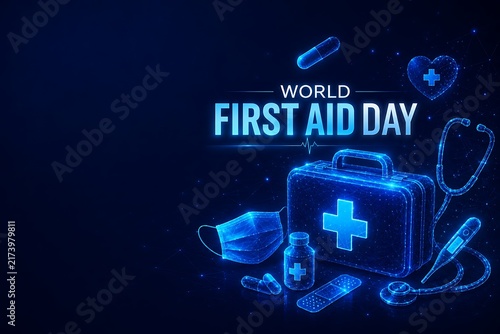 World first aid day digital composition with medical kit mask and pills stethoscope healthcare emergency medicine hospital clinical treatment pharmacy wellness technology futuristic