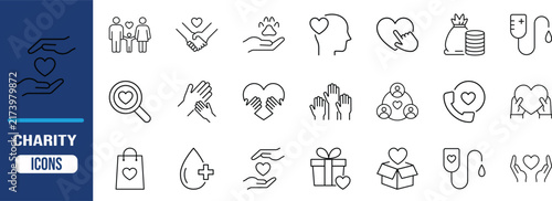 Charity giving support donation icons. heart icon set, hands icon set, blood icon set