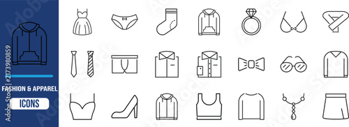 Fashion apparel line art icons. dress icon set, hoodie icon set, ring icon set