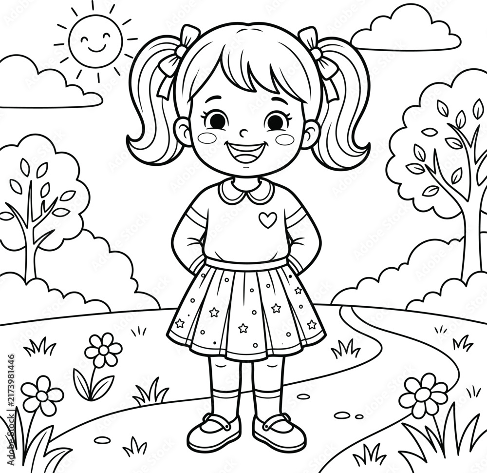 Fototapeta premium **Happy Cartoon Girl with Pigtails**