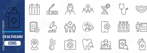 Medical healthcare outline vector icons. stethoscope icon set, face mask icon set, microscope icon set