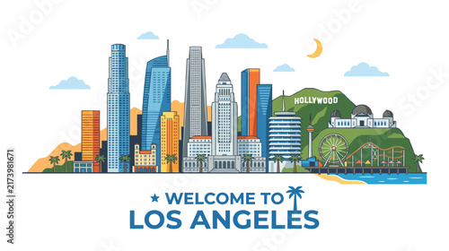 Los Angeles Skyline and Hollywood Hills, Iconic Cityscape, Welcome Sign